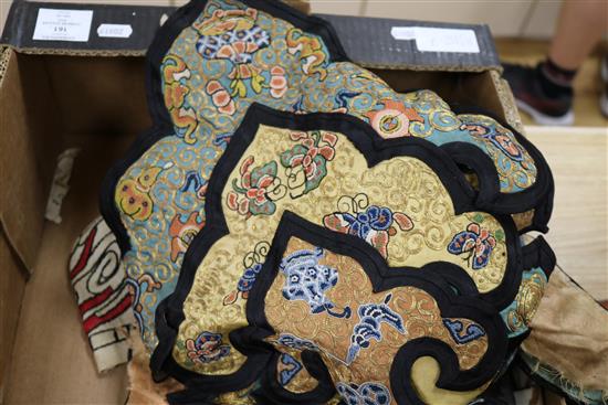 A Chinese embroidered silk and metal thread collar, a sage green brocade panel and other textiles